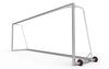 Aluminium voetbaldoel van 732x244cm met geïntegreerde wielen voor mobiliteit. Geschikt voor professionele wedstrijden en intensief gebruik op het veld.
