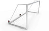 Schuin achteraanzicht van het aluminium voetbaldoel 500x200cm. Demontabel en voorzien van 3 wielen voor gemakkelijk transport en opslag.