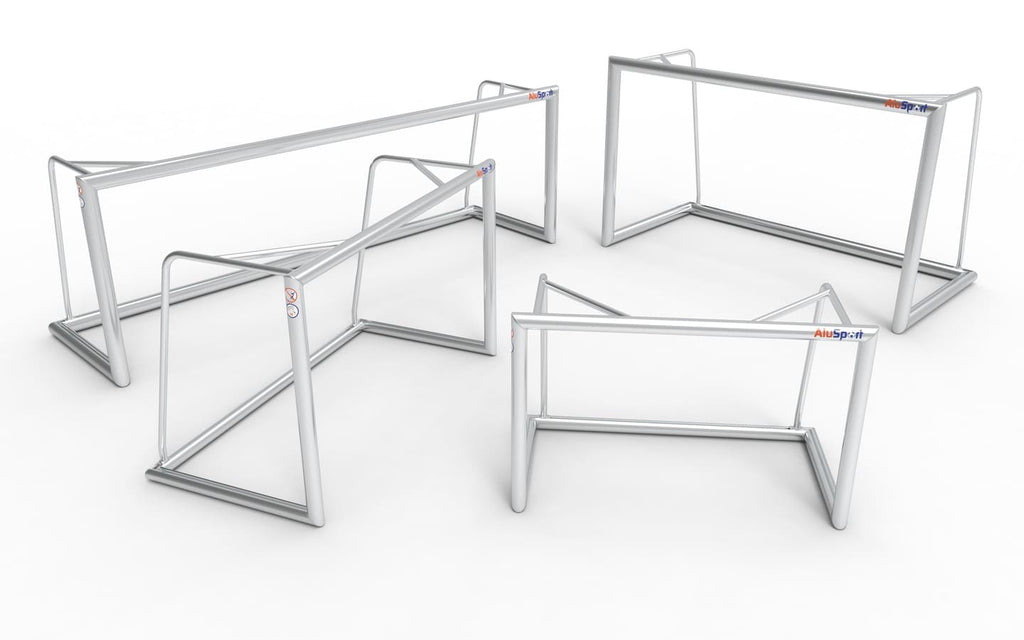 Vergelijking van verschillende aluminium voetbaldoel maten van AluSport, geschikt voor verschillende leeftijden