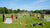 Wedstrijdgoal op het veld met netten, omringd door gras en een paar ballen. Trainingsdoel in een rustige omgeving.