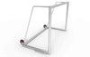 Schuin zijaanzicht van het verplaatsbare aluminium voetbaldoel 300x200cm met twee wielen. Perfect voor trainingen en gebruik in de tuin.