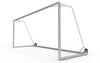Verplaatsbaar aluminium voetbaldoel 500x200cm met twee wielen aan de achterkant. Perfect voor trainingen en gebruik in de tuin.