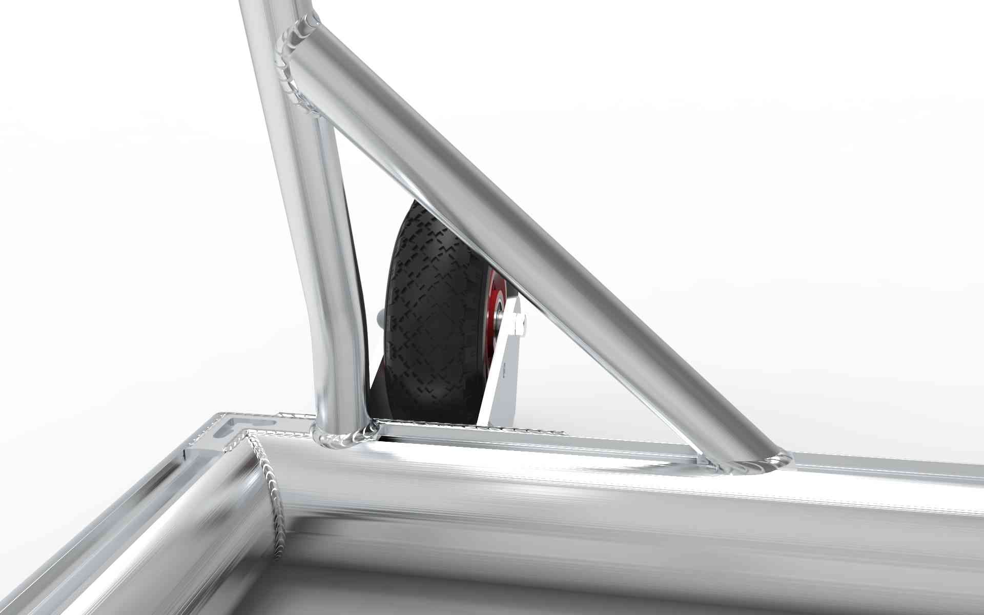 Detail van het aluminium voetbaldoel met stevig gelaste verbindingen en wielconstructie. Duurzaam en geschikt voor intensief gebruik.
