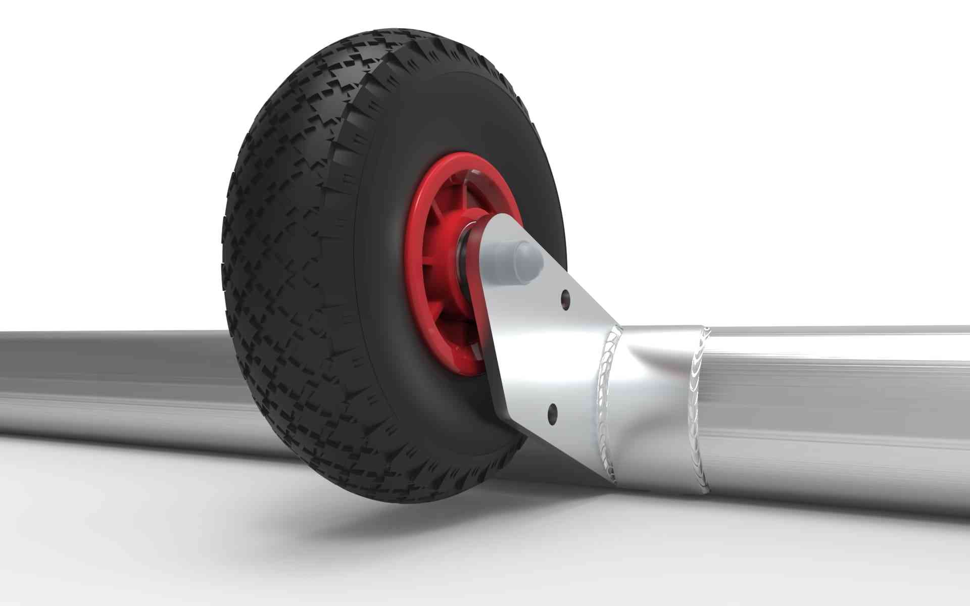 Close-up van het wielmechanisme van het aluminium voetbaldoel. Zorgt voor eenvoudige verplaatsing en stabiliteit op verschillende ondergronden.