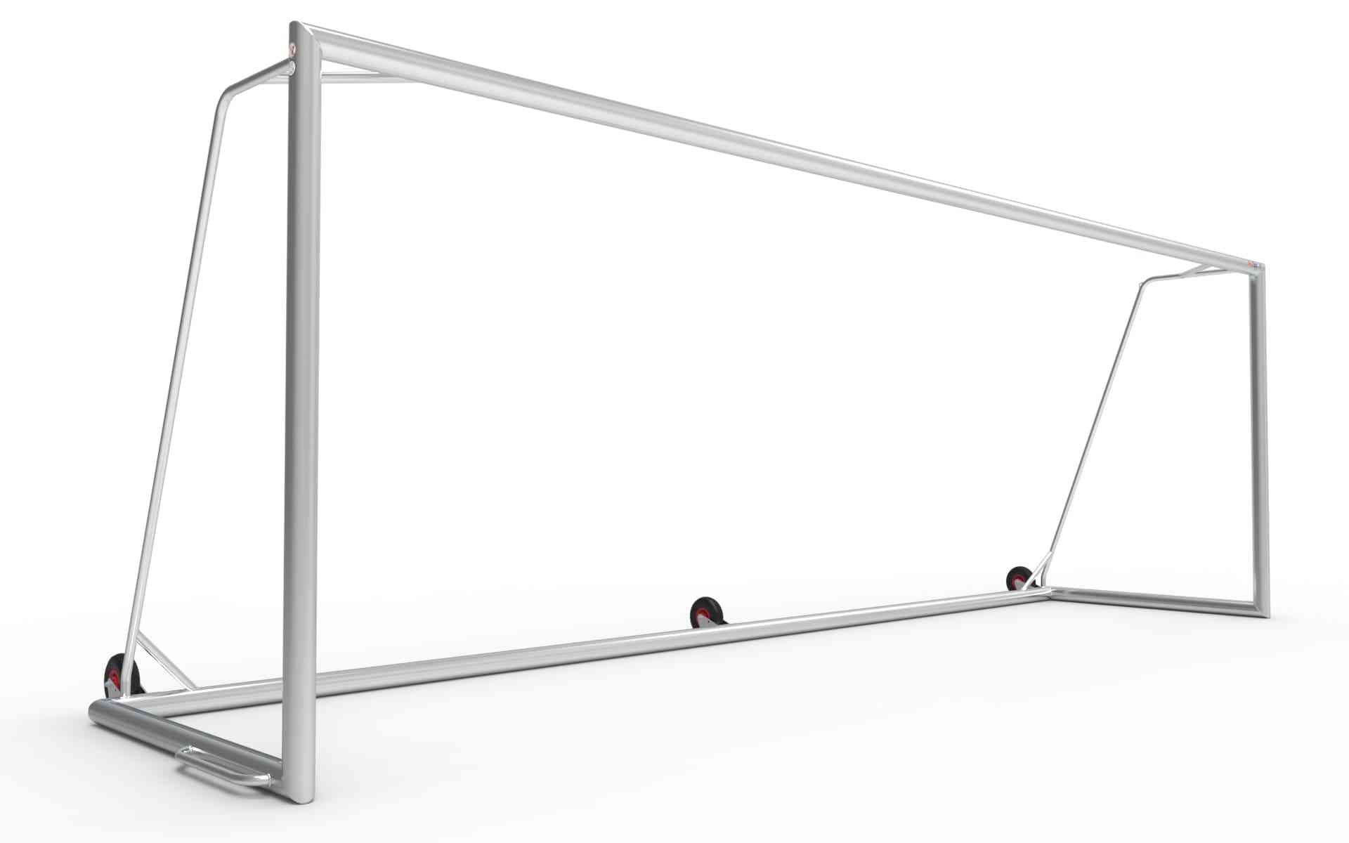Groot aluminium voetbaldoel van 732x244cm met drie wielen. Robuust en weerbestendig, ideaal voor officiële wedstrijden en voetbalclubs.