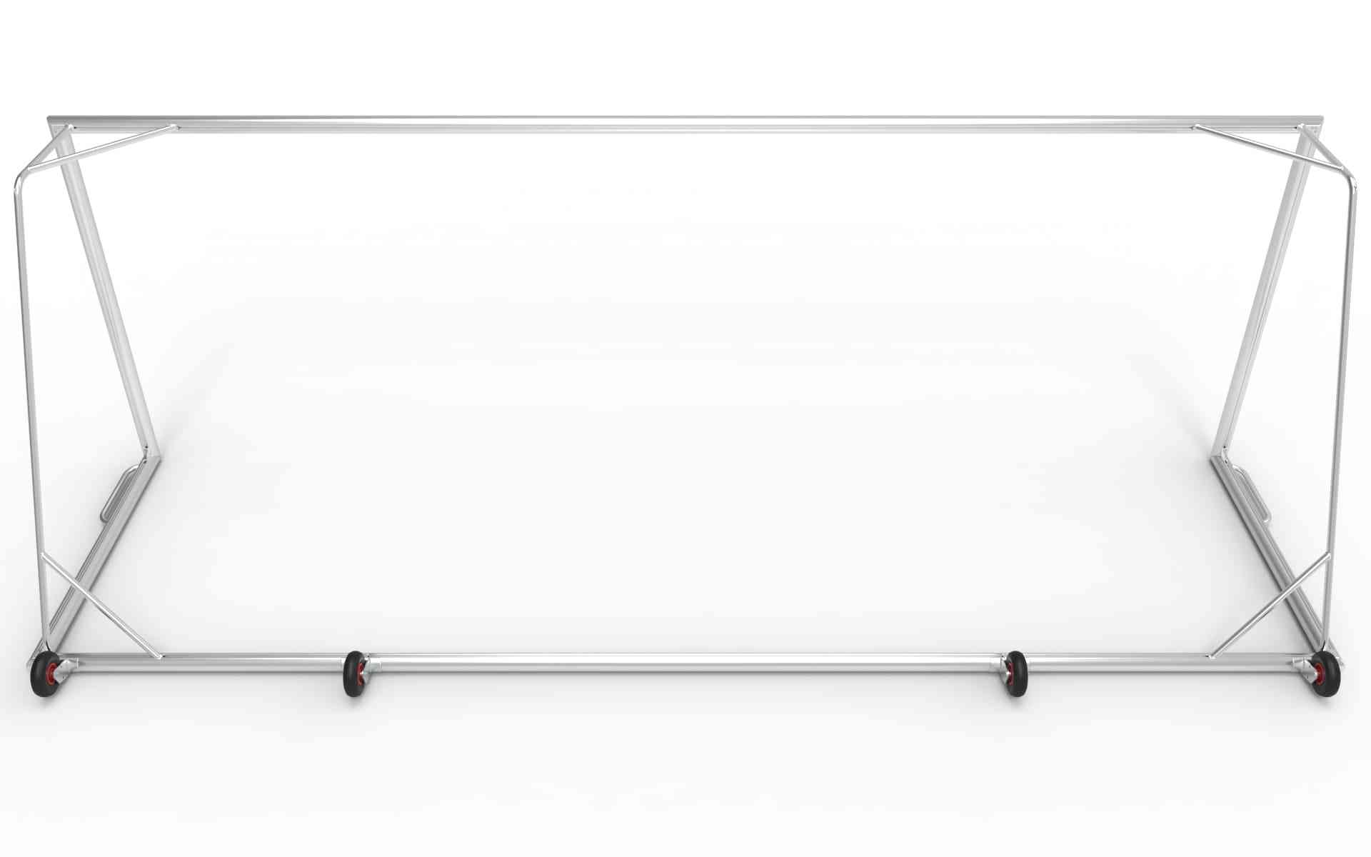 Achteraanzicht van het stevige aluminium voetbaldoel met vier wielen. Perfect voor clubs die een duurzaam en verplaatsbaar doel zoeken.