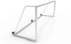 Zijaanzicht van het grote aluminium voetbaldoel 732x244cm met drie wielen. Robuust en weerbestendig, perfect voor voetbalclubs en trainingen.