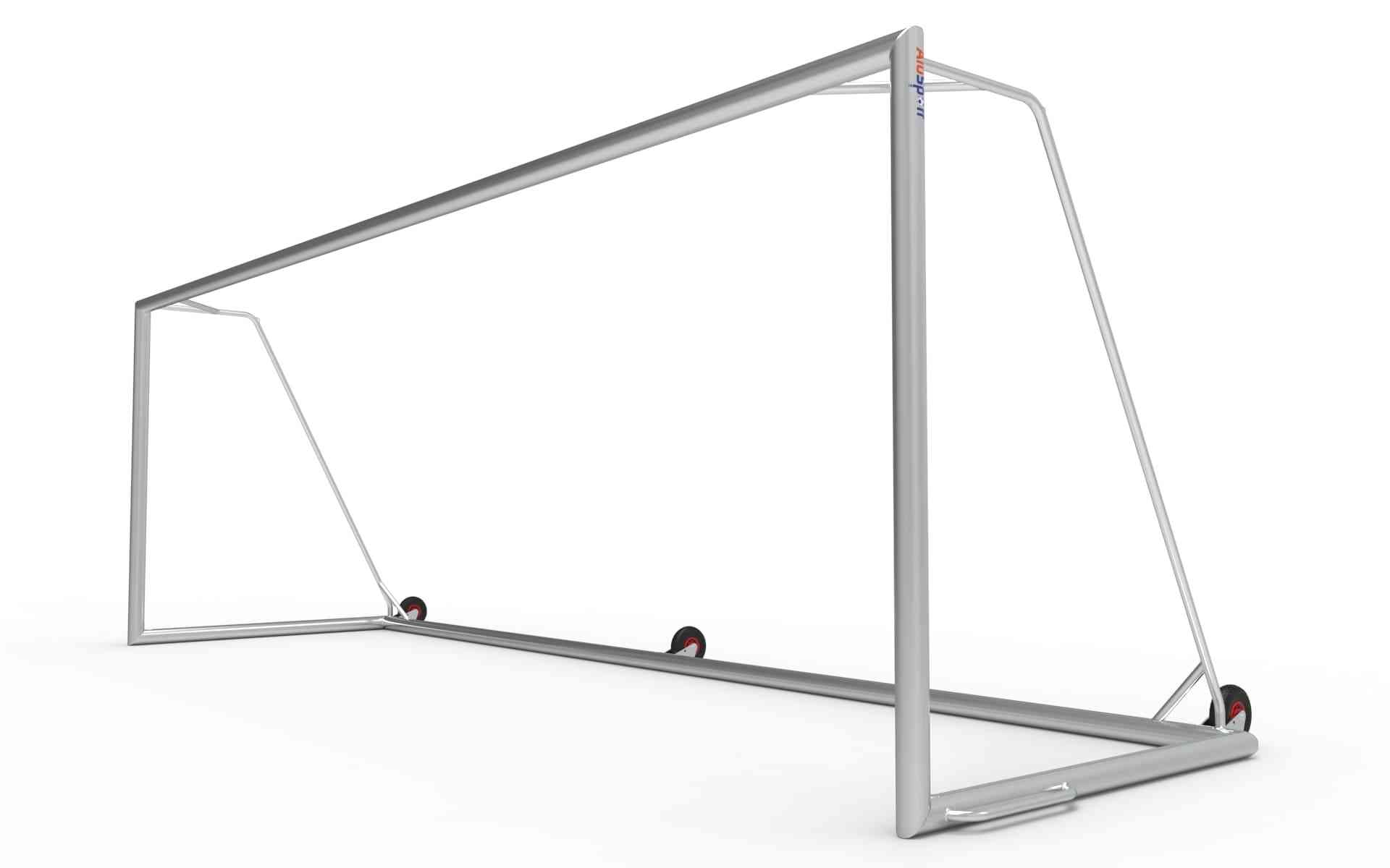 Achteraanzicht van het grote aluminium voetbaldoel 732x244cm met drie wielen. Ideaal voor clubs en sportverenigingen met intensief gebruik.