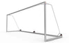 Achteraanzicht van het grote aluminium voetbaldoel 732x244cm met drie wielen. Ideaal voor clubs en sportverenigingen met intensief gebruik.