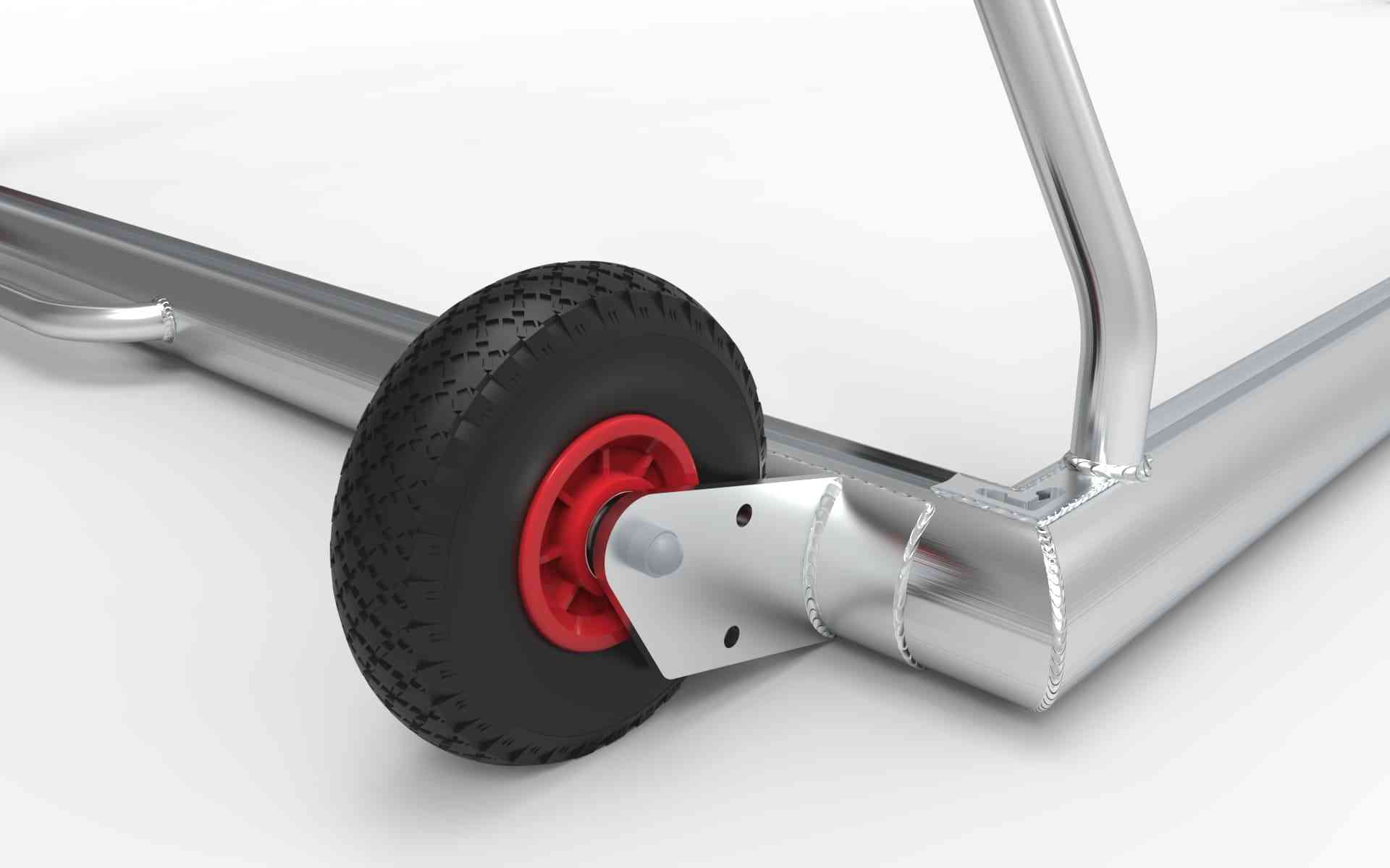 Detail van het aluminium voetbaldoel met stevige wielen voor eenvoudig verplaatsen. Robuust ontwerp, perfect voor professioneel gebruik.