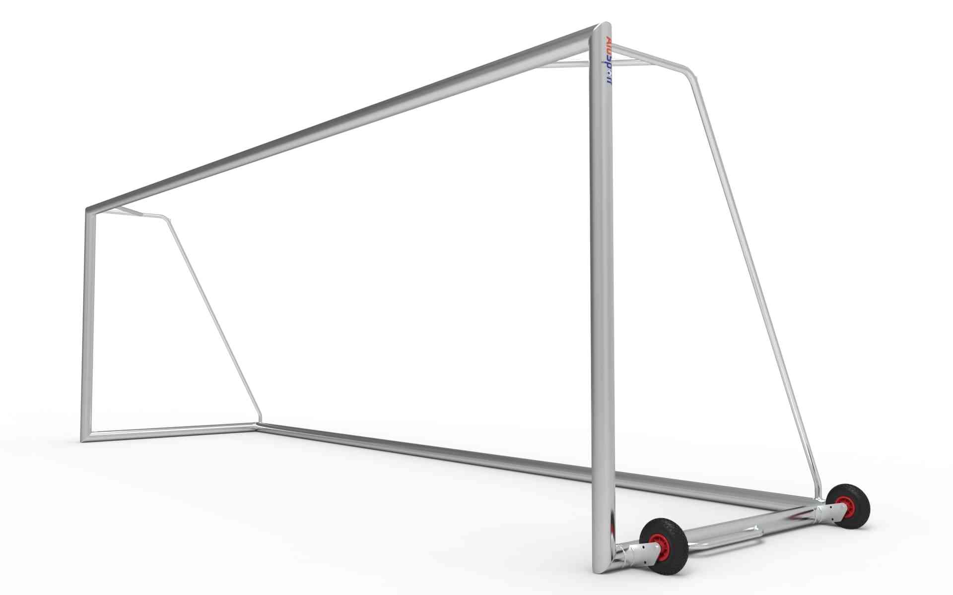 Achteraanzicht van het grote aluminium voetbaldoel met wielen. Ideaal voor clubs en sportverenigingen, eenvoudig te verplaatsen en duurzaam.