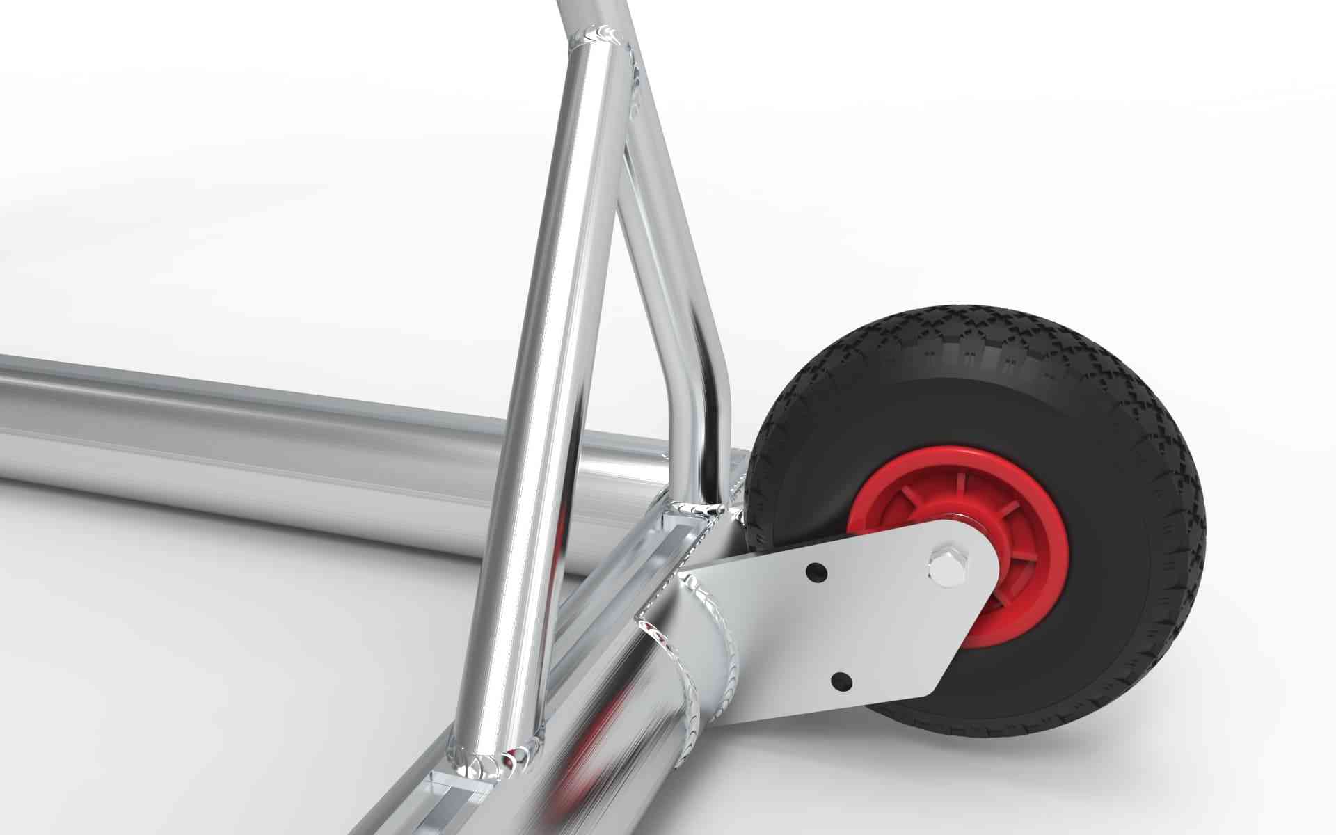 Detail van het aluminium voetbaldoel met robuust wielmechanisme voor mobiliteit. Weerbestendig en perfect voor professioneel gebruik.