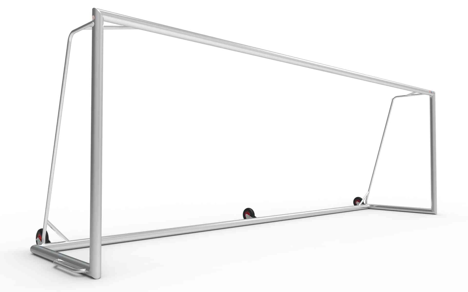 Groot aluminium voetbaldoel van 732x244cm met stevig frame en drie wielen voor eenvoudige verplaatsing. Ideaal voor officiële wedstrijden en clubs.