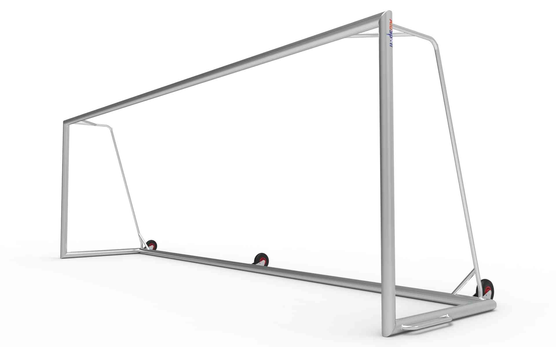 Stevig aluminium voetbaldoel van 732x244cm met drie wielen voor eenvoudig transport. Geschikt voor intensief gebruik op sportvelden.