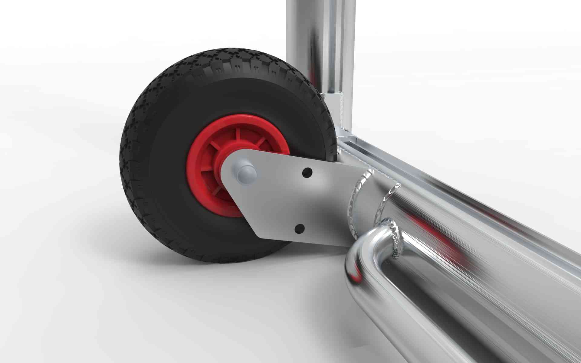 Detail van het wielmechanisme van het aluminium voetbaldoel. Zorgt voor gemakkelijke verplaatsing en stabiliteit op het veld.