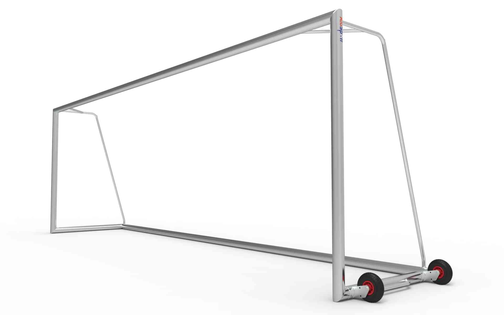 Groot aluminium voetbaldoel met geïntegreerde wielen voor eenvoudige verplaatsing. Ideaal voor clubs en sportverenigingen.
