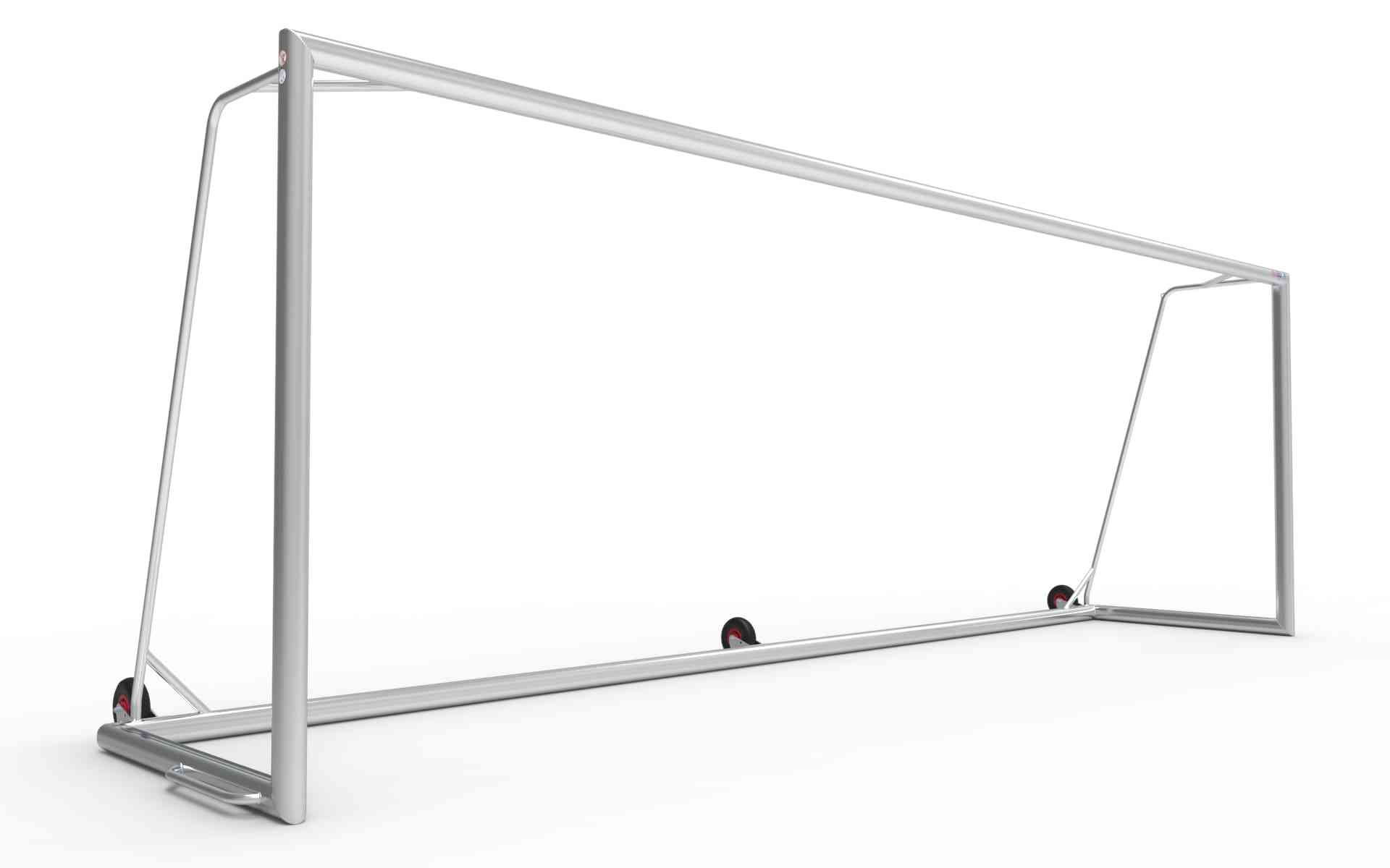 Groot aluminium voetbaldoel van 732x244cm met drie wielen voor eenvoudige verplaatsing. Stevig en weerbestendig, ideaal voor officiële wedstrijden.