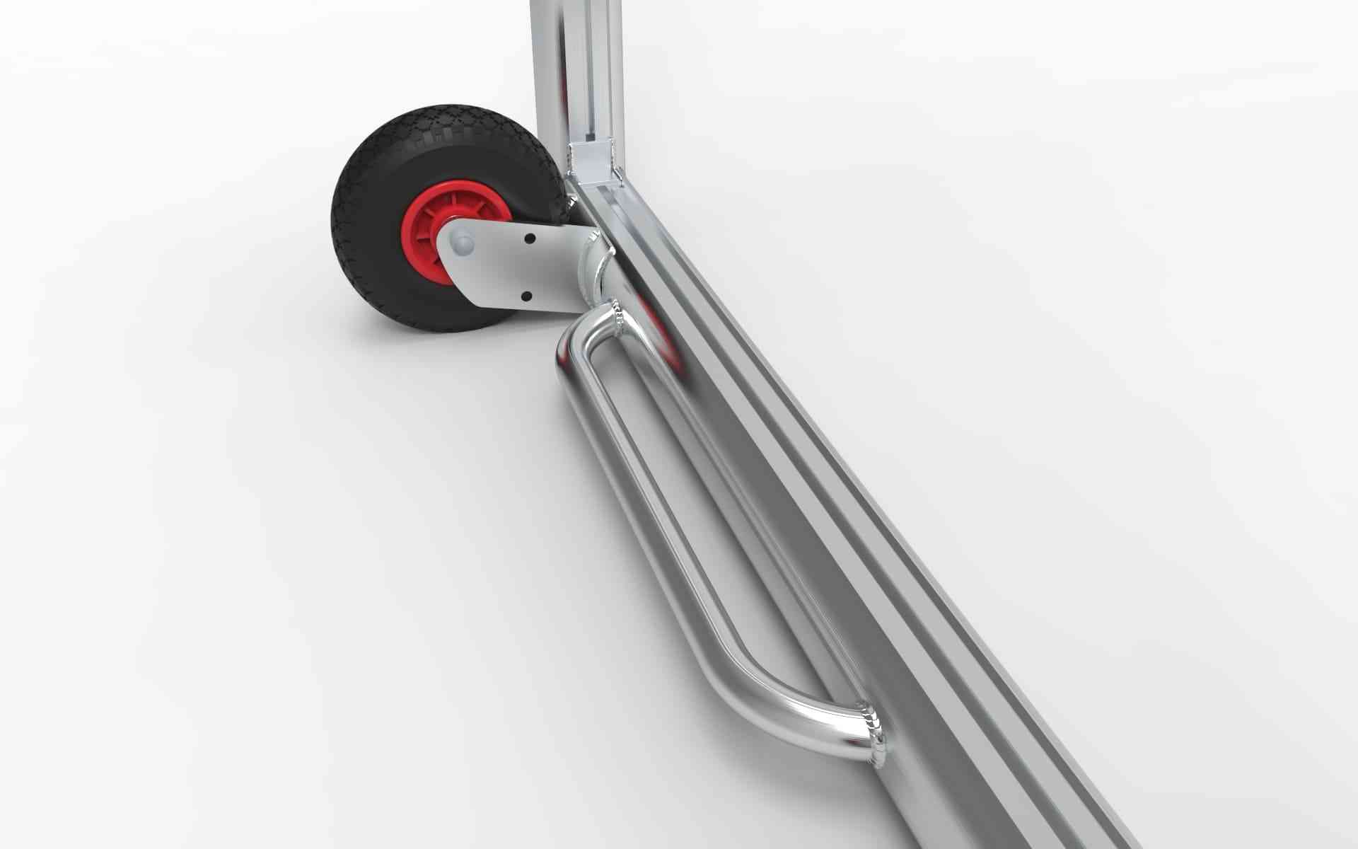 Close-up van het aluminium voetbaldoel met handvat en wielen voor eenvoudige verplaatsing. Ideaal voor professioneel en recreatief gebruik.