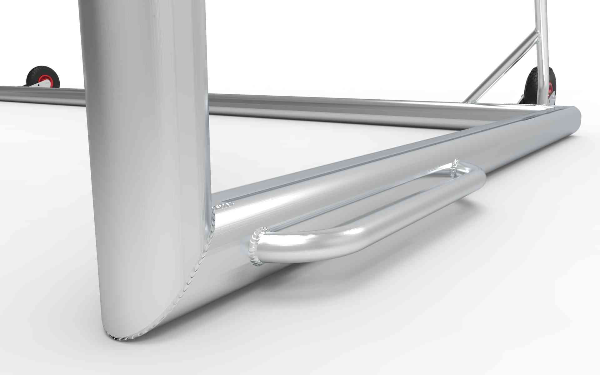 Versterkte hoeken en lasnaden van het aluminium voetbaldoel 732x244cm. Robuust ontwerp voor maximale stabiliteit en duurzaamheid.