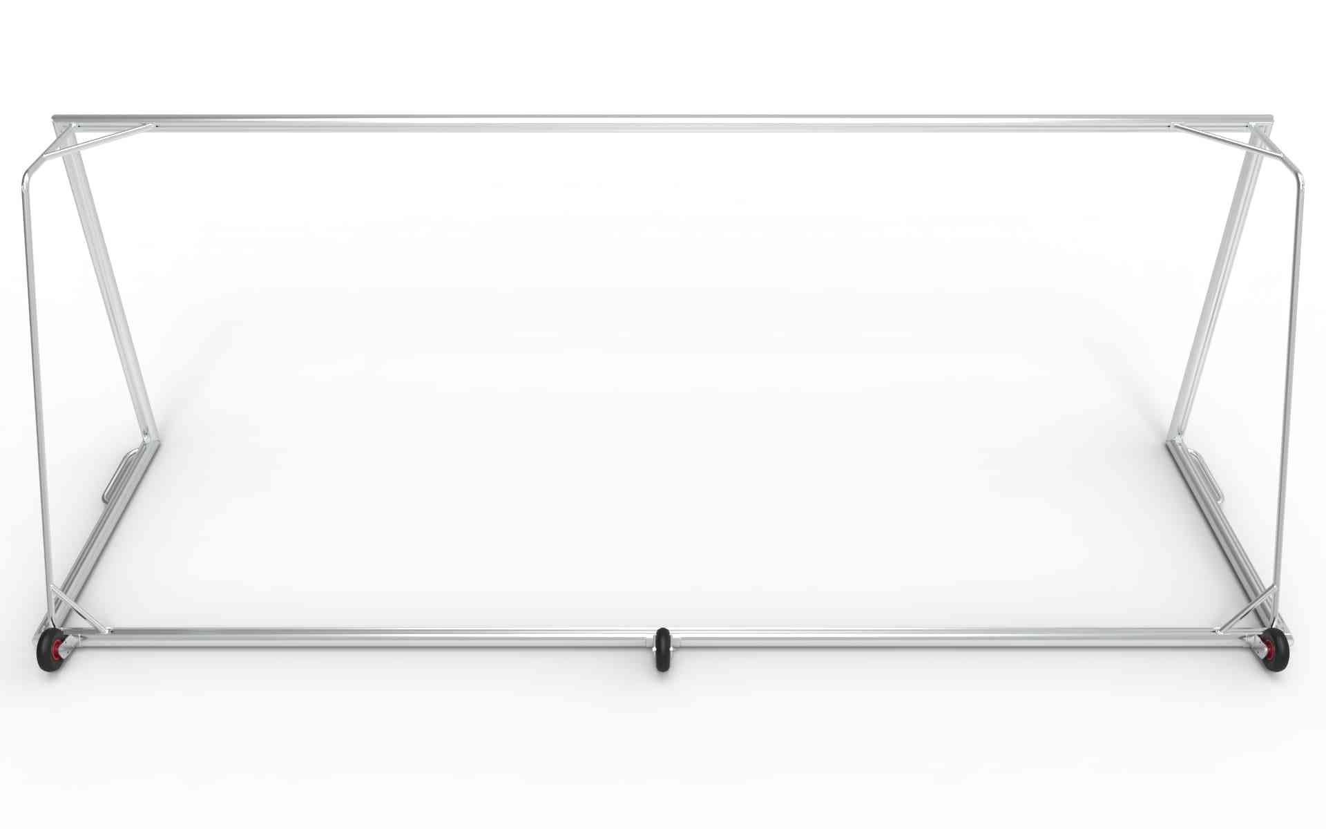 Achteraanzicht van het aluminium voetbaldoel 732x244cm met drie wielen. Eenvoudig te verplaatsen en geschikt voor diverse ondergronden.