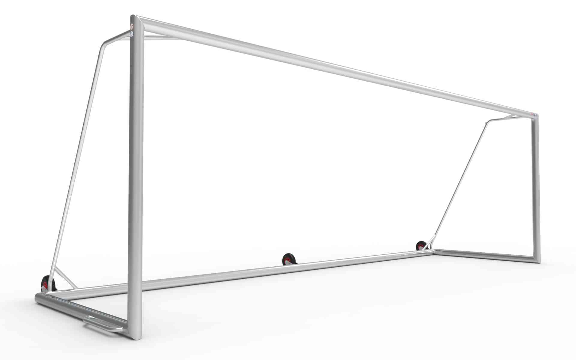Groot aluminium voetbaldoel van 732x244cm met stevig frame en drie wielen. Ideaal voor officiële wedstrijden en intensief gebruik op het veld.