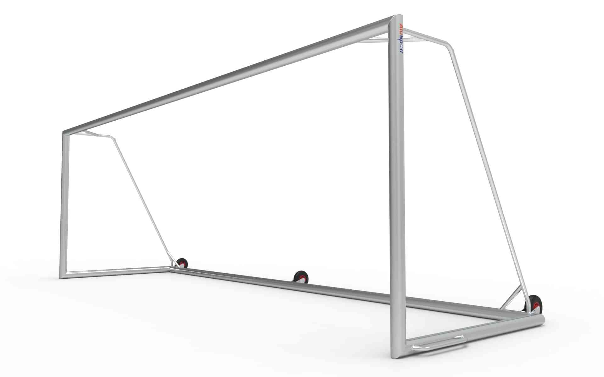 Achteraanzicht van het grote aluminium voetbaldoel 732x244cm. Geschikt voor officiële wedstrijden en intensieve trainingen.
