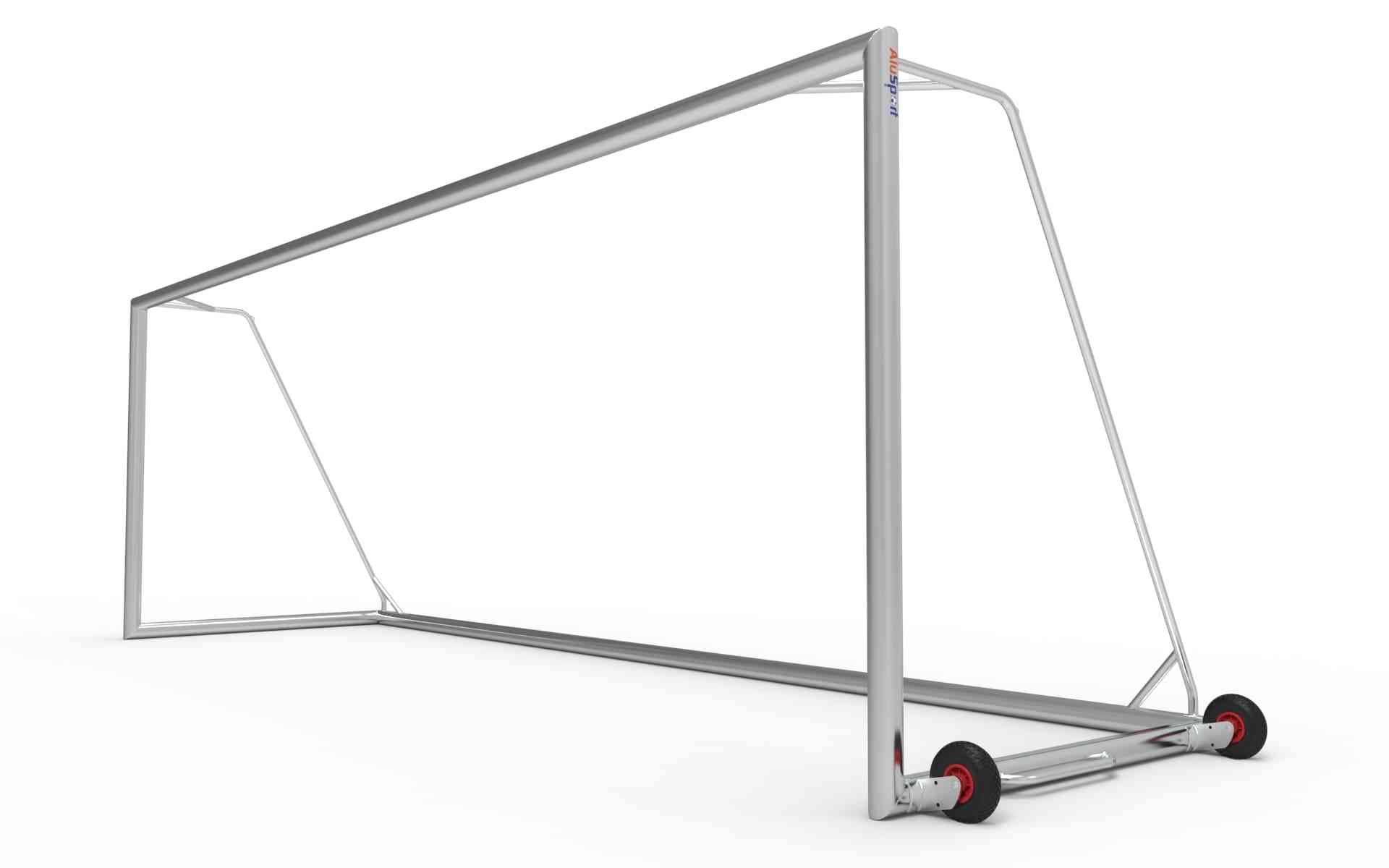 Zijaanzicht van het grote aluminium voetbaldoel 732x244cm met wielen. Stevig, weerbestendig en geschikt voor professioneel gebruik.