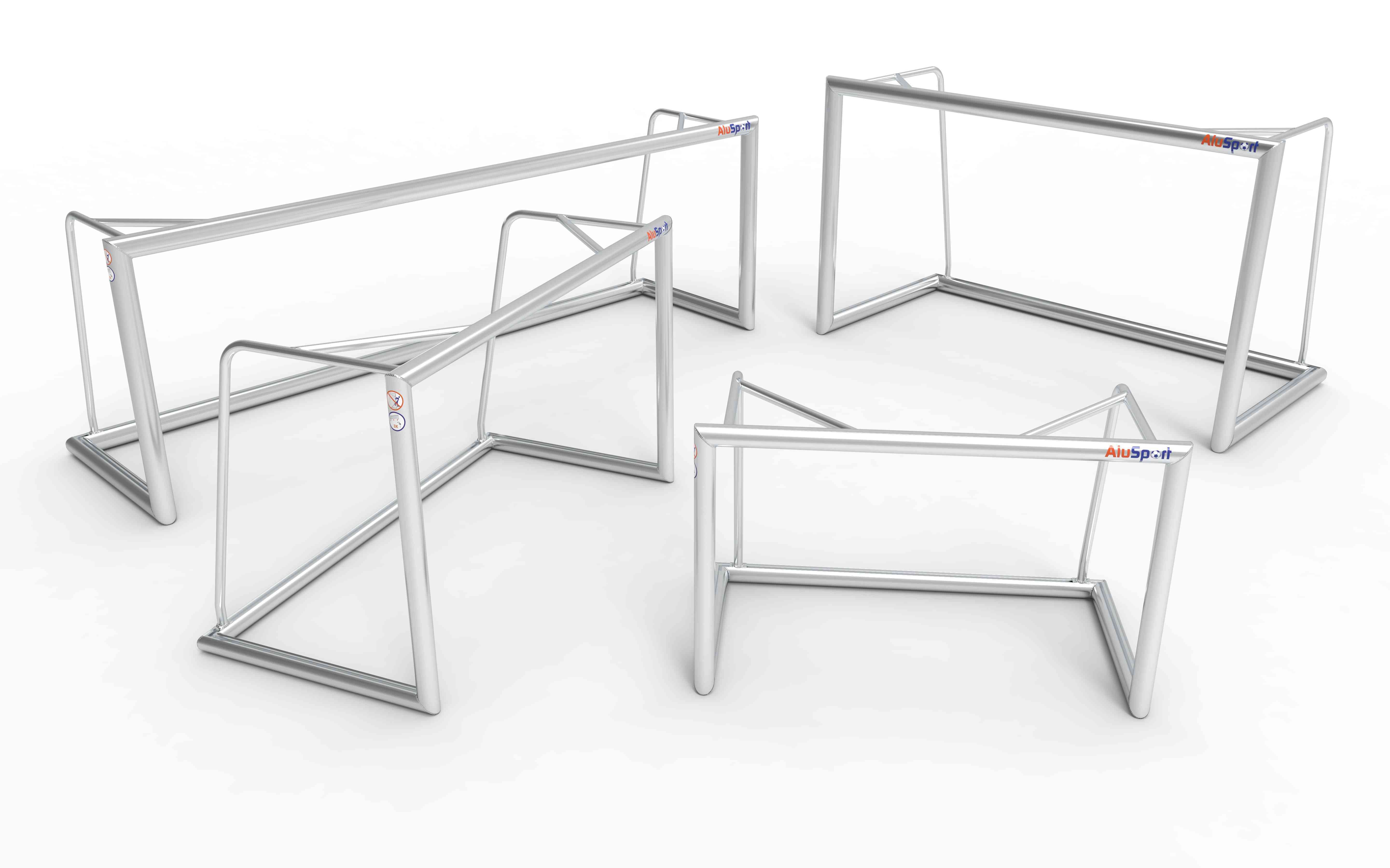 Verschillende maten aluminium voetbaldoeltjes, waaronder 300x100cm. Geschikt voor trainingen en wedstrijden op diverse niveaus.