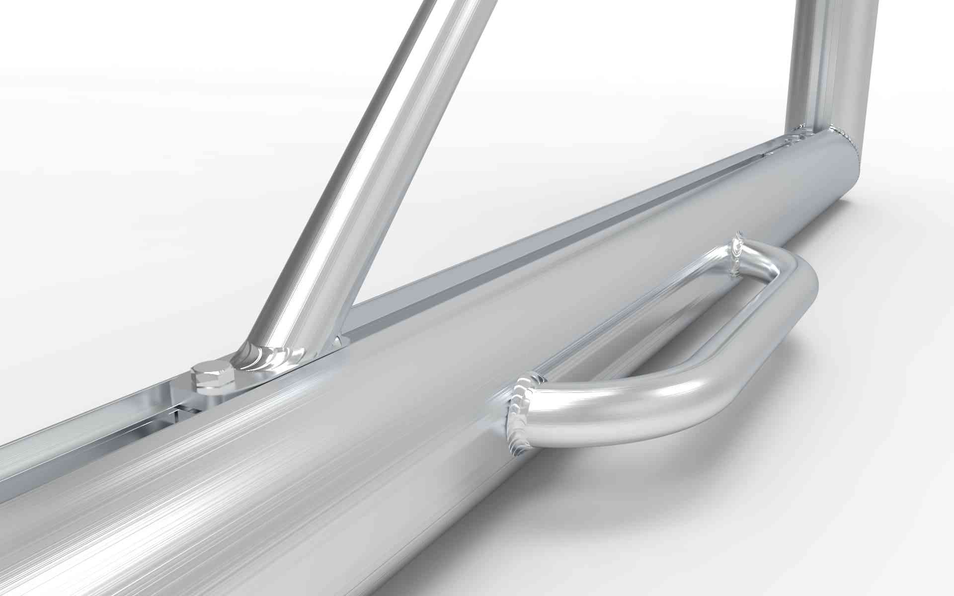 Detail van het handvat en de stevige aluminium buizen van het voetbaldoel. Demontabel en eenvoudig te verplaatsen voor flexibel gebruik.