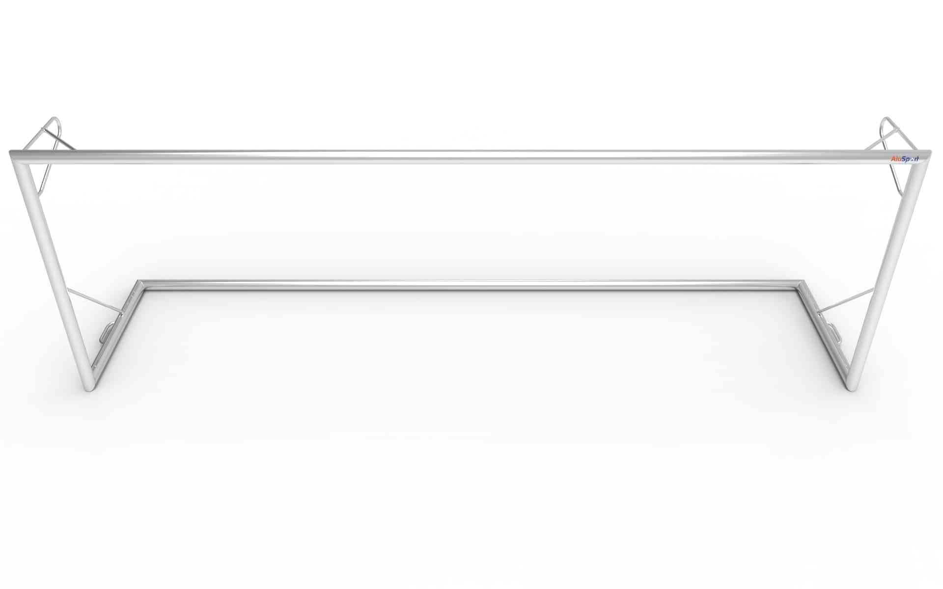 Bovenaanzicht van het grote aluminium voetbaldoel 732x244cm. Ideaal voor professionele wedstrijden en intensief gebruik op sportvelden.