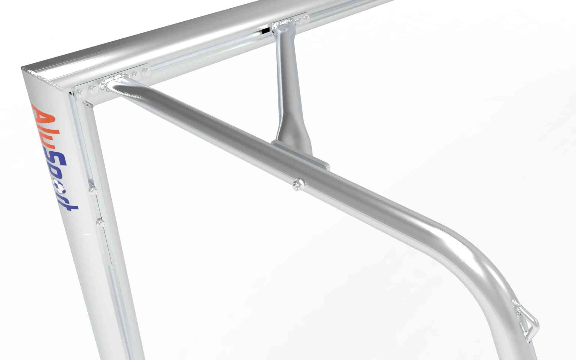 Detail van de hoekconstructie van het aluminium voetbaldoel. Sterke lasverbindingen zorgen voor extra stabiliteit en duurzaamheid.