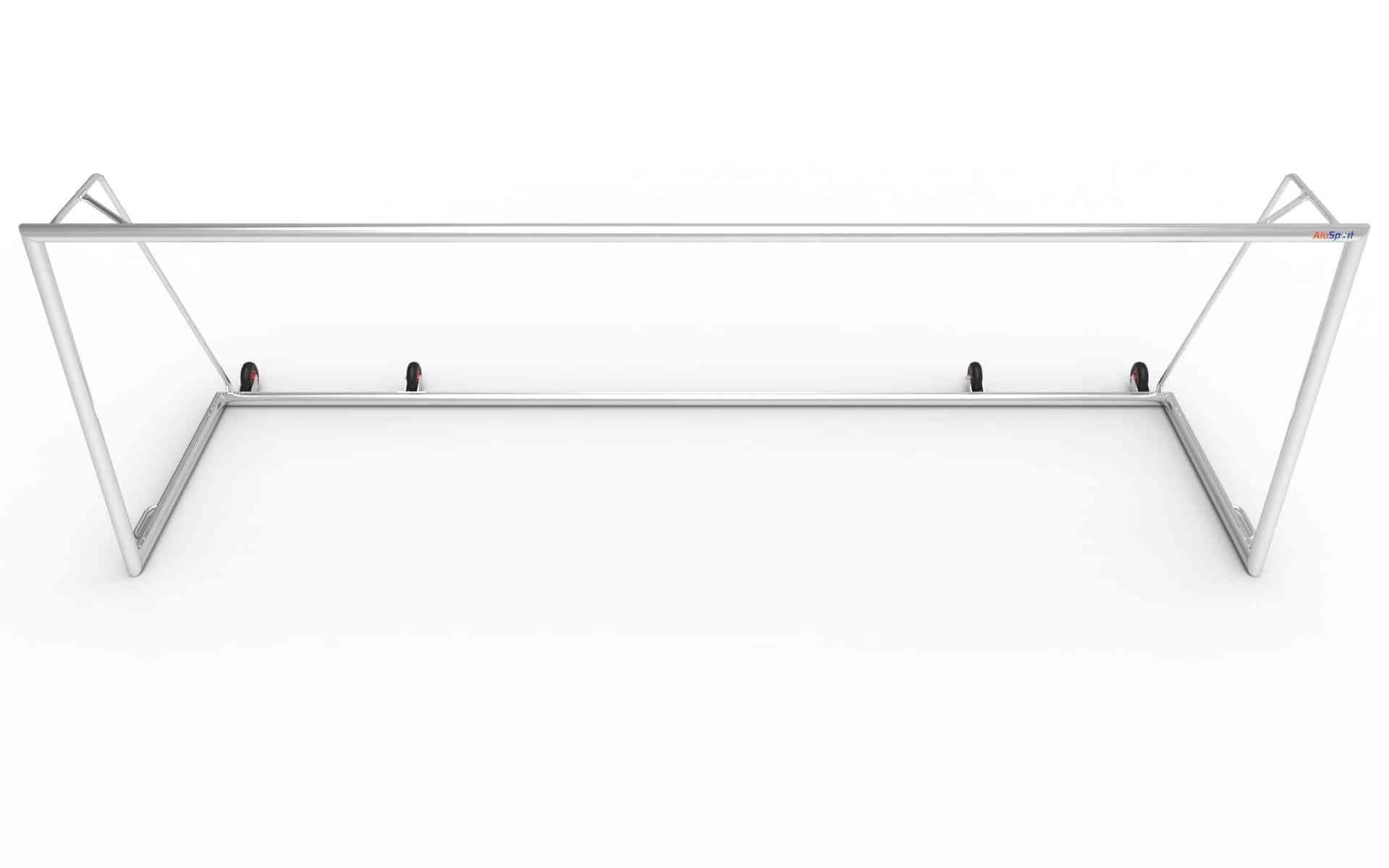 Bovenaanzicht van een stevig aluminium voetbaldoel van 732x244cm met vier wielen. Geschikt voor intensief gebruik en eenvoudig te verplaatsen.
