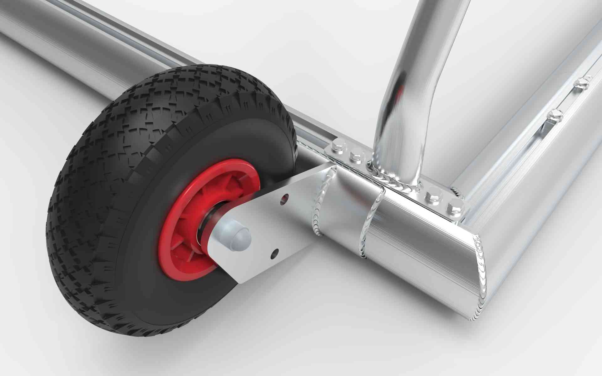 Close-up van een wiel van het aluminium voetbaldoel. Robuuste banden zorgen voor eenvoudige verplaatsing op verschillende ondergronden.