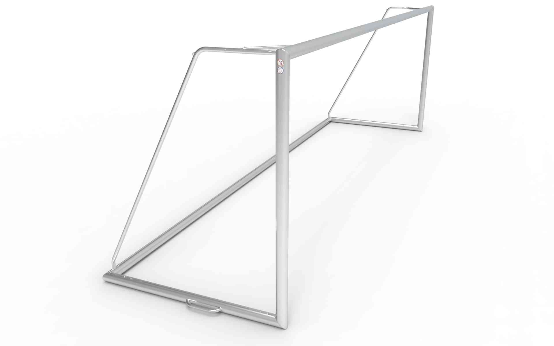 Zijaanzicht van het aluminium voetbaldoel 732x244cm. Robuust en demontabel ontwerp, perfect voor professioneel gebruik op het veld.