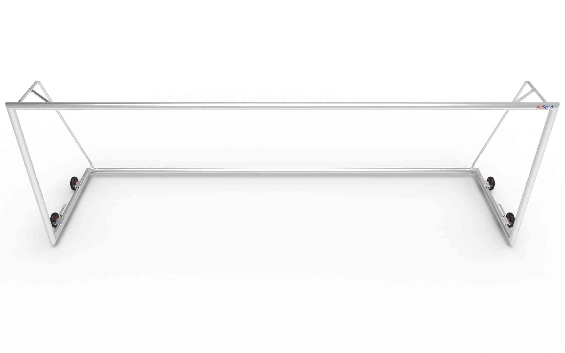 Bovenaanzicht van het grote aluminium voetbaldoel 732x244cm. Stevig en demontabel ontwerp voor eenvoudig transport en opslag.