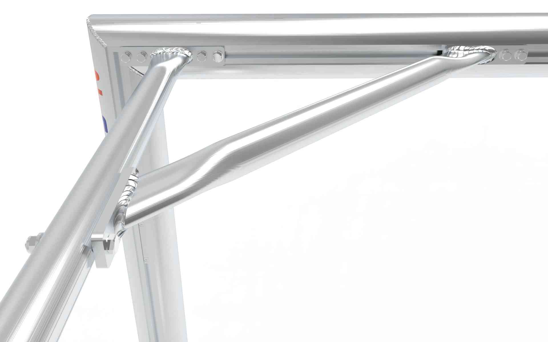 Detail van de verstevigde aluminium constructie van het voetbaldoel 732x244cm. Hoogwaardige afwerking voor maximale stabiliteit en duurzaamheid.