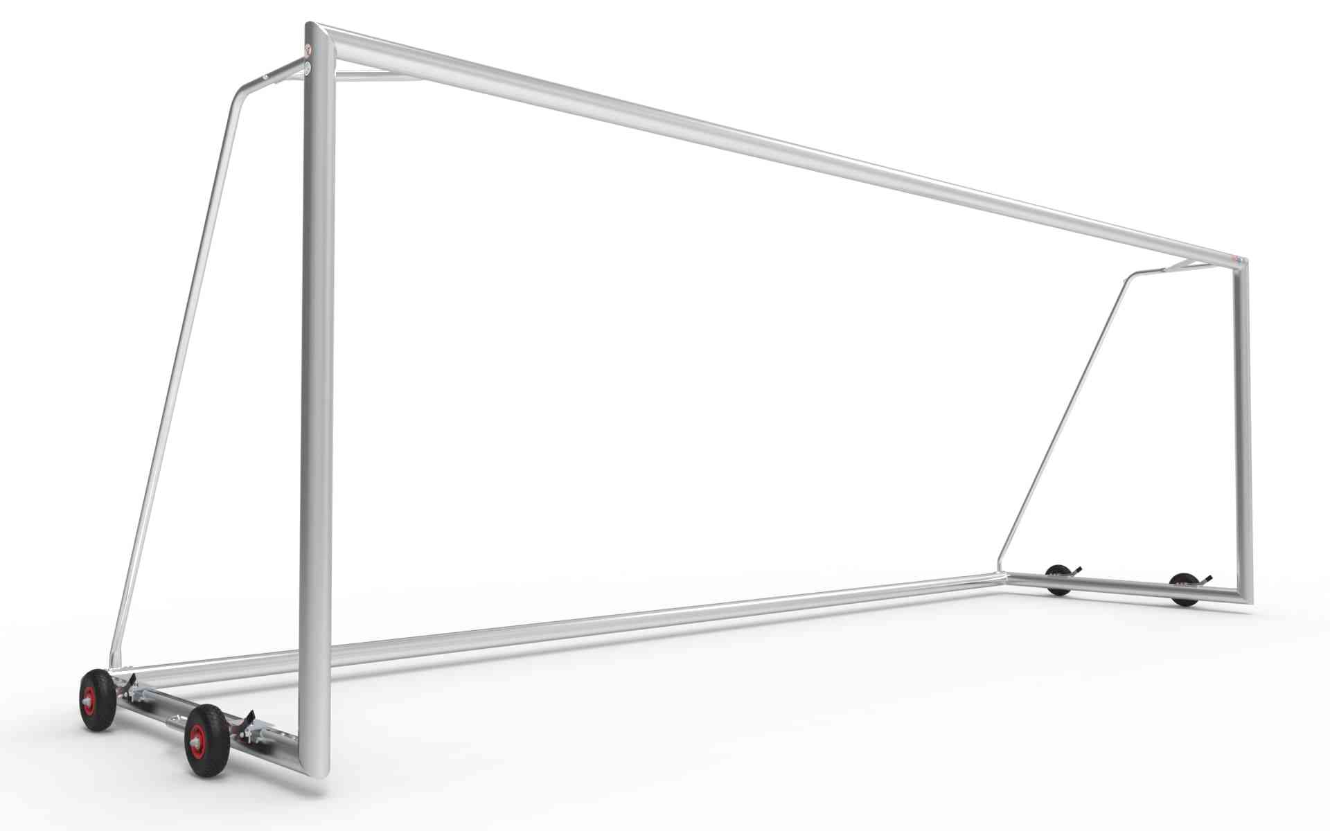 Groot aluminium voetbaldoel 732x244cm met transportwielen. Ideaal voor eenvoudig verplaatsen op het veld, stevig en weerbestendig.