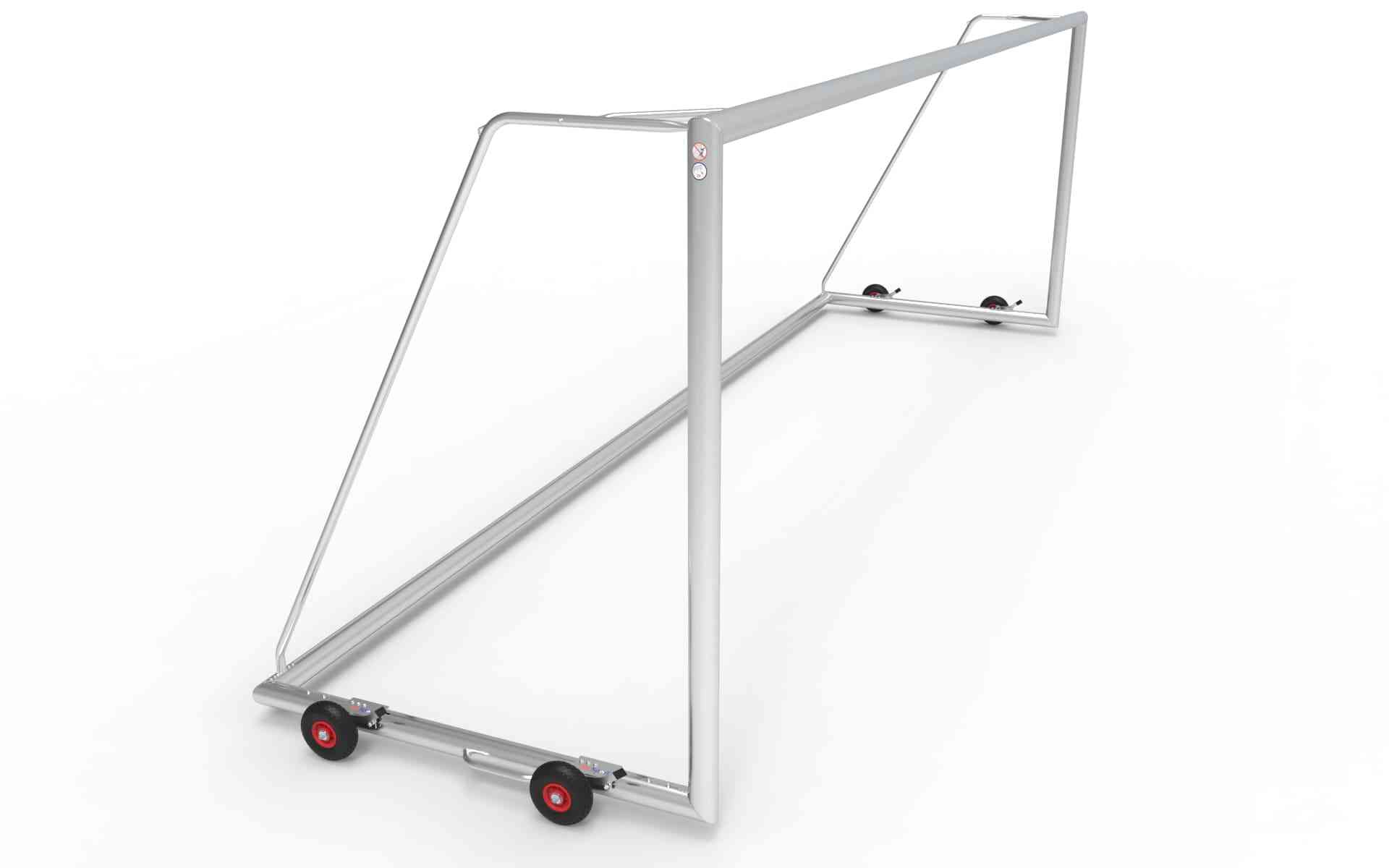 Aluminium voetbaldoel 732x244cm met geïntegreerde transportwielen. Eenvoudig te verplaatsen en geschikt voor intensief gebruik op het veld.