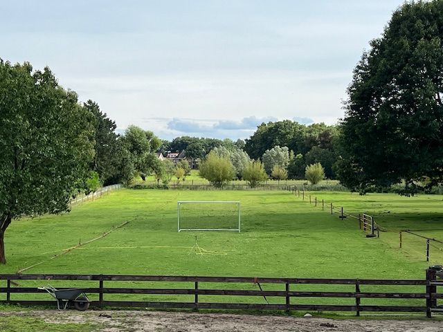 Calzio Champion 400 voetbaldoel op een groot veld omringd met bomen